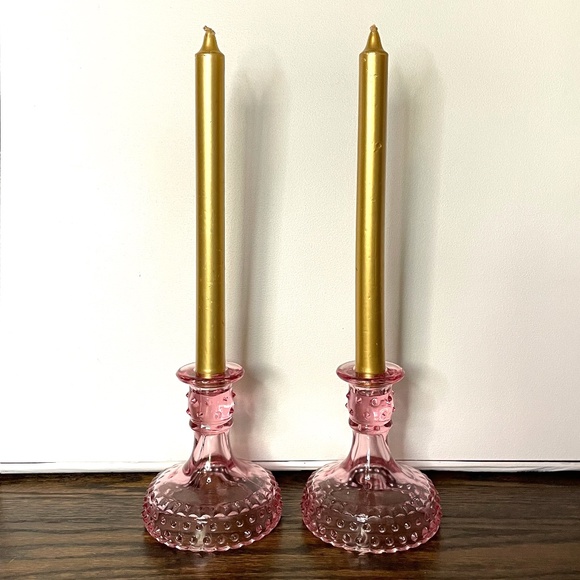 🔺SOLD 🔺🌟VINTAGE🌟 Art Deco Pink Glass Hobnail Candlestick Holders - Set of 2